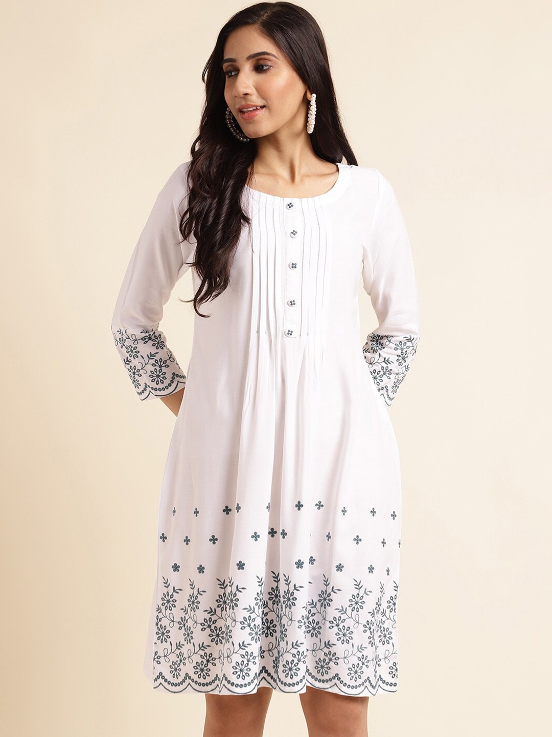 

FABMORA Embroidered Round Neck Empire Dress, White