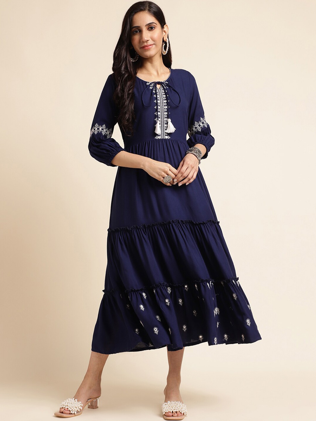 

FABMORA Tie Up Neck Fit and Flare Midi Dress, Navy blue