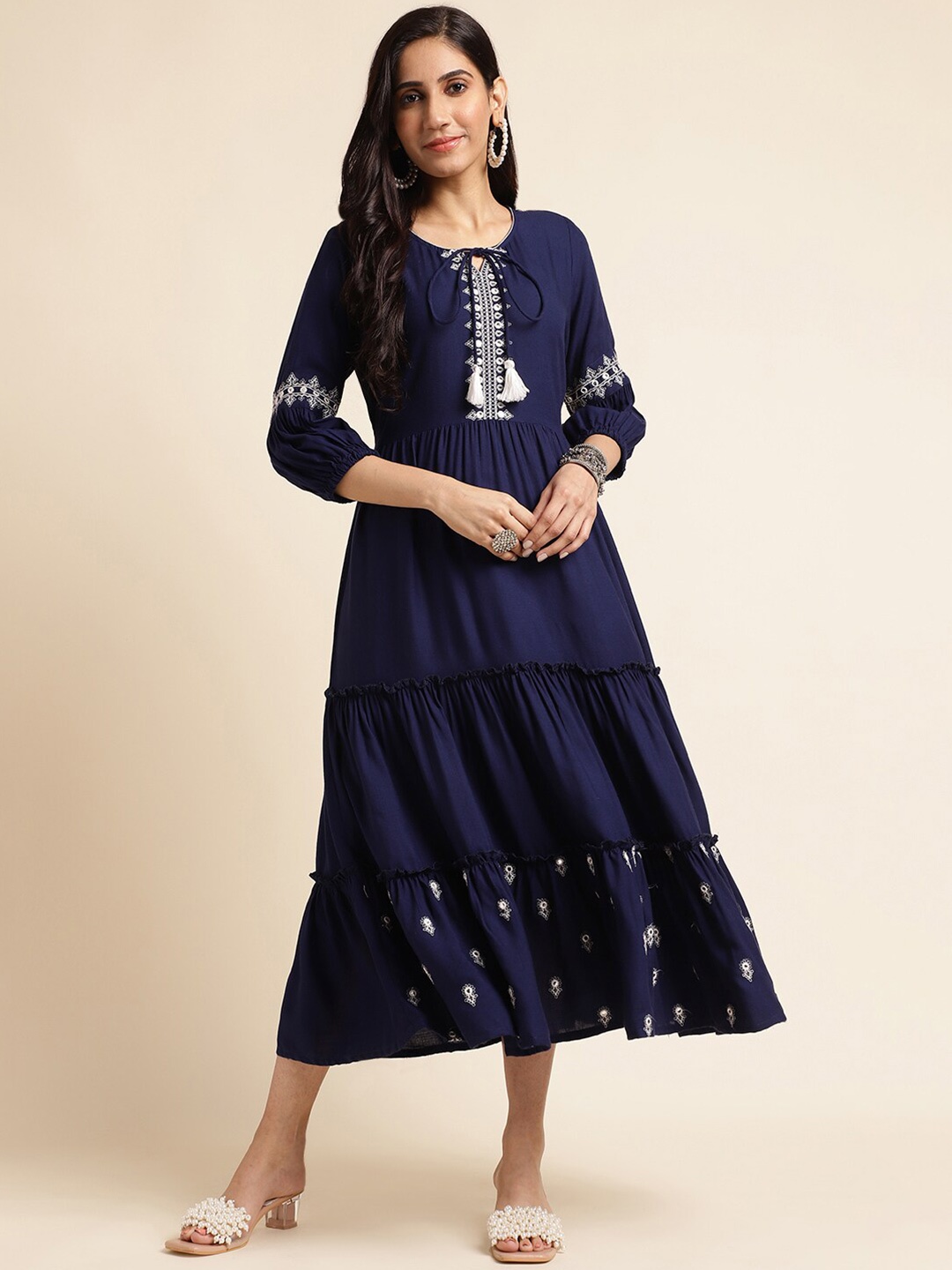 

FABMORA Tie Up Neck Fit and Flare Midi Dress, Navy blue