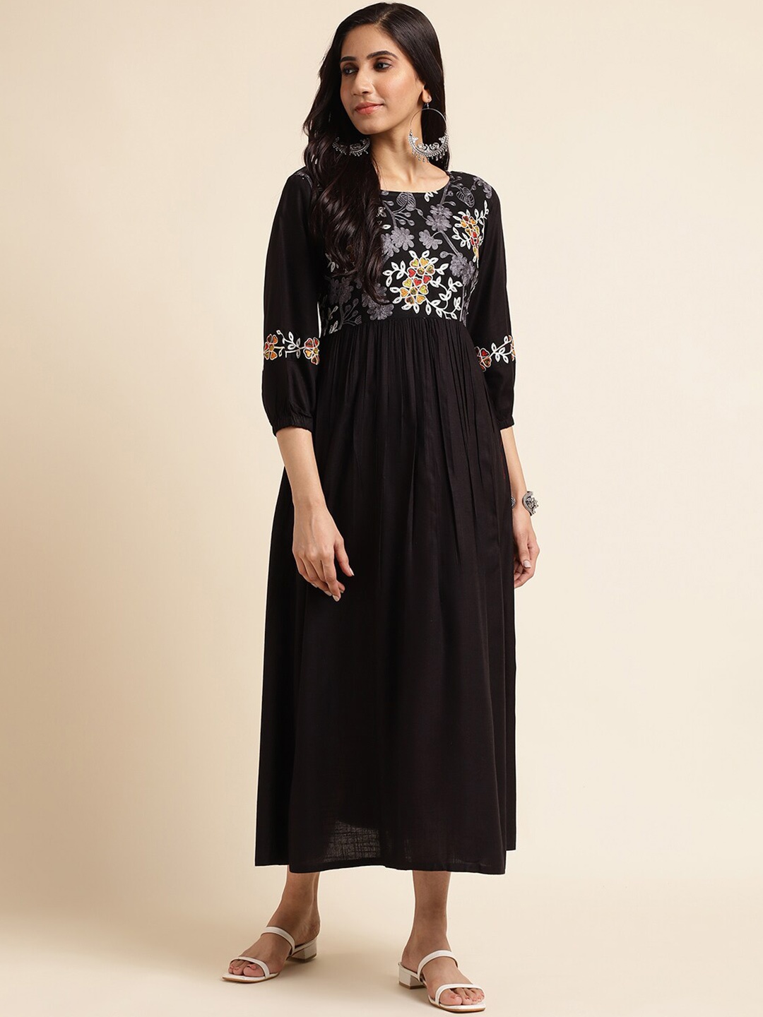 

FABMORA Floral Embroidered Fit and Flare Midi Dress, Black