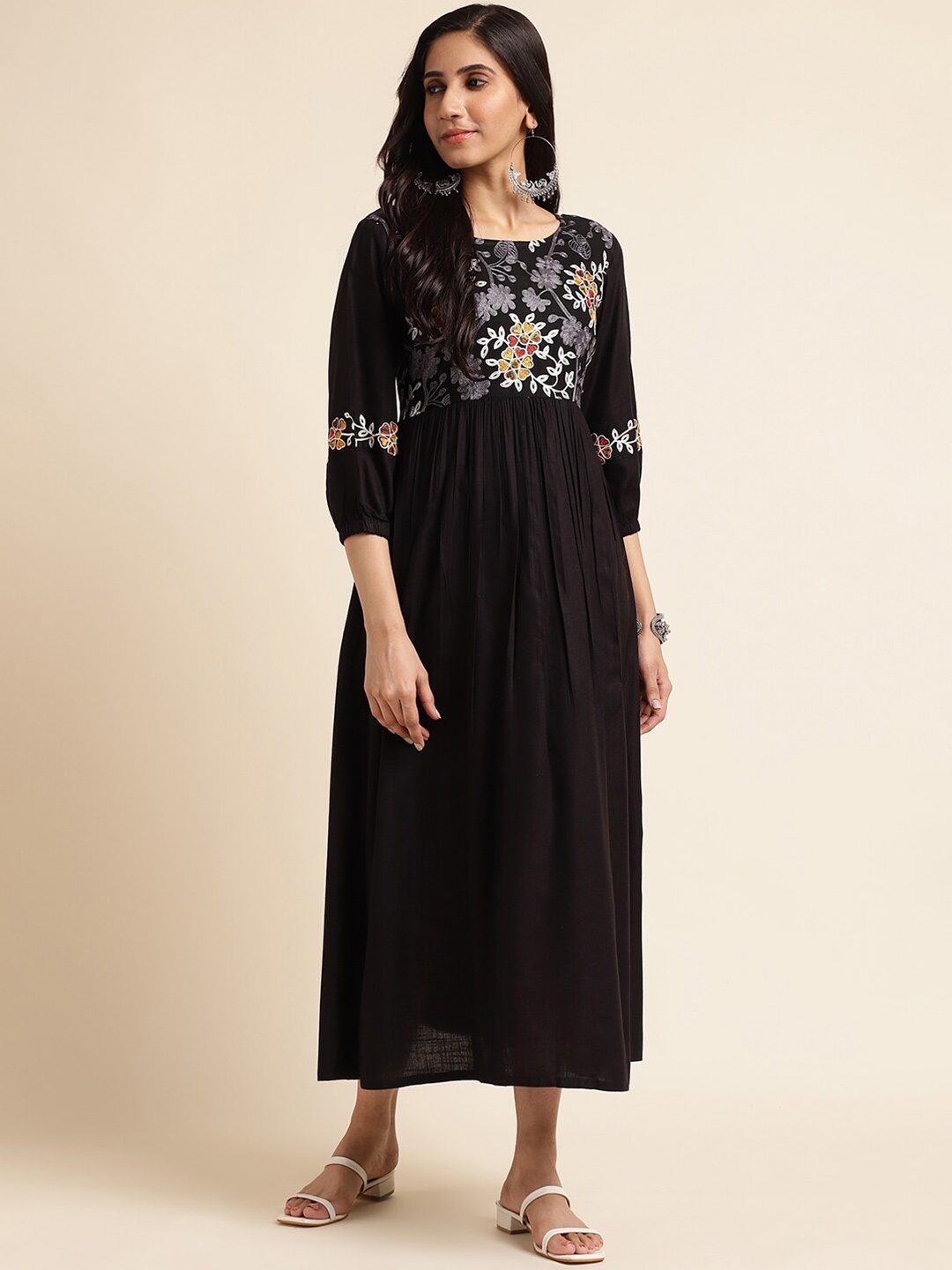 

FABMORA Floral Embroidered Fit and Flare Midi Dress, Black