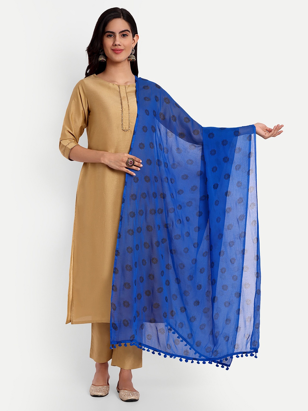 

CANIZZARO Ethnic Motifs Printed Tasselled Chiffon Dupatta, Blue