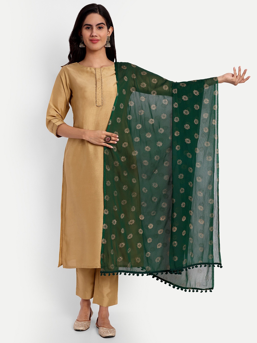 

CANIZZARO Ethnic Motifs Printed Tasselled Chiffon Dupatta, Green