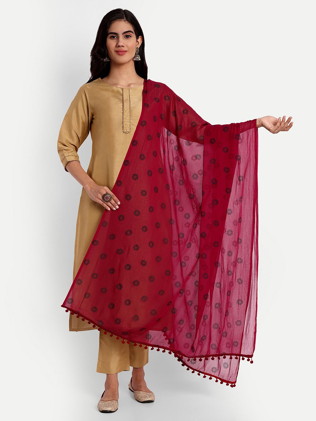 

CANIZZARO Ethnic Motifs Block Printed Chiffon Dupatta, Maroon