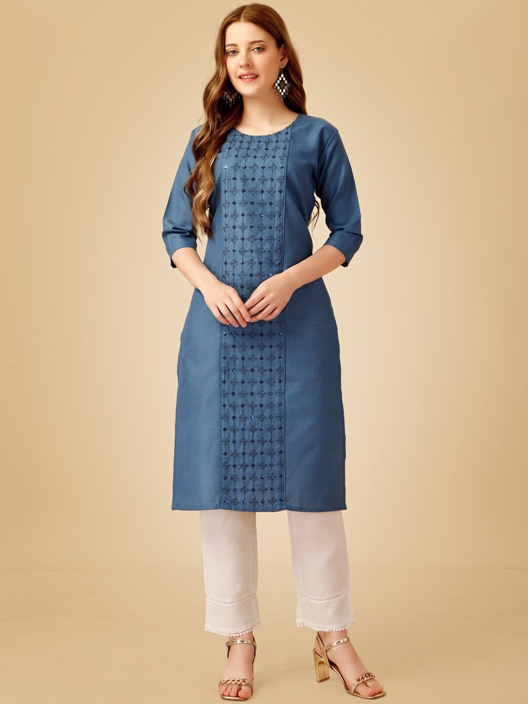 

Anouk Blue Floral Embroidered Sequinned Straight Kurta With Trouser