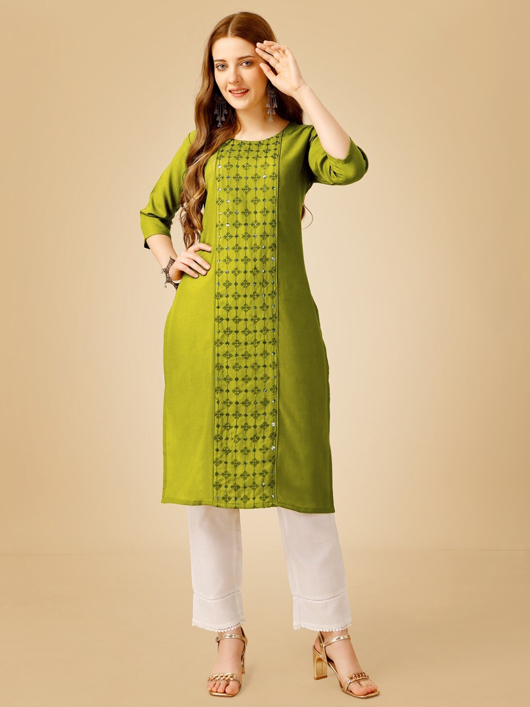 

Anouk Olive Green Floral Embroidered Sequinned Straight Kurta With Trouser