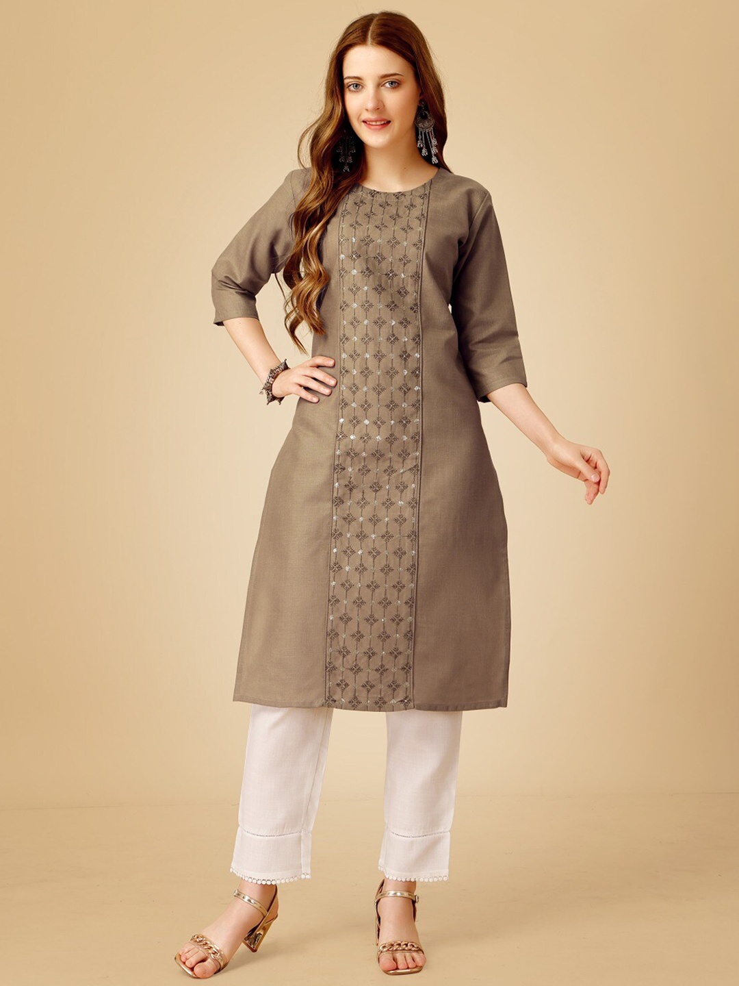 

Anouk Khaki Floral Embroidered Sequinned Straight Kurta With Trouser