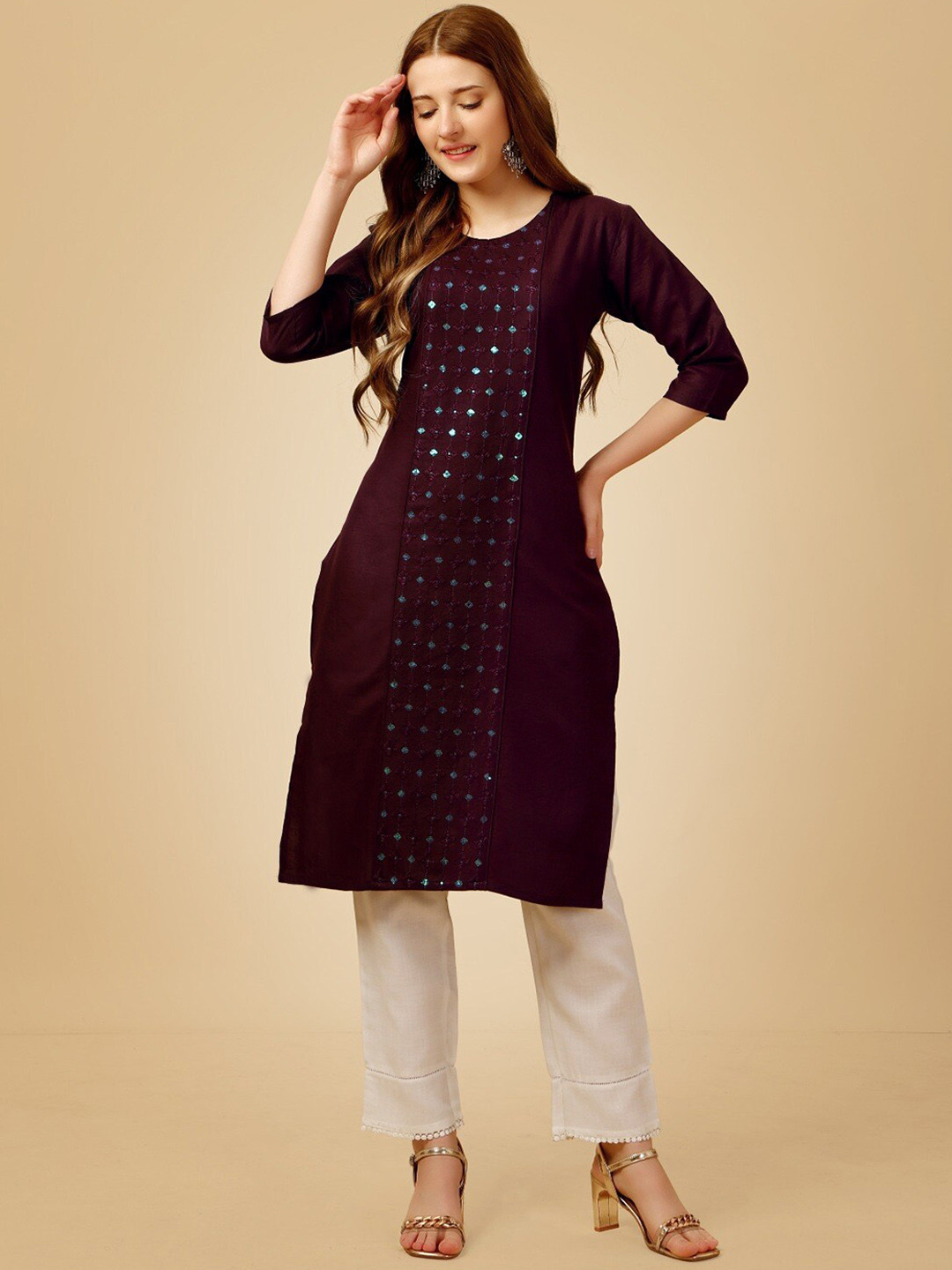 

Anouk Purple Floral Embroidered Sequinned Straight Kurta With Trouser