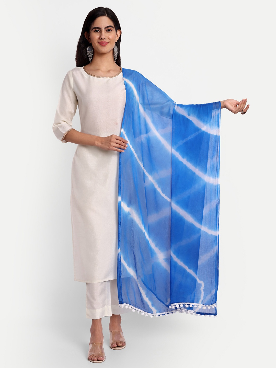 

CANIZZARO Leheriya Printed Tasselled Chiffon Dupatta, Blue