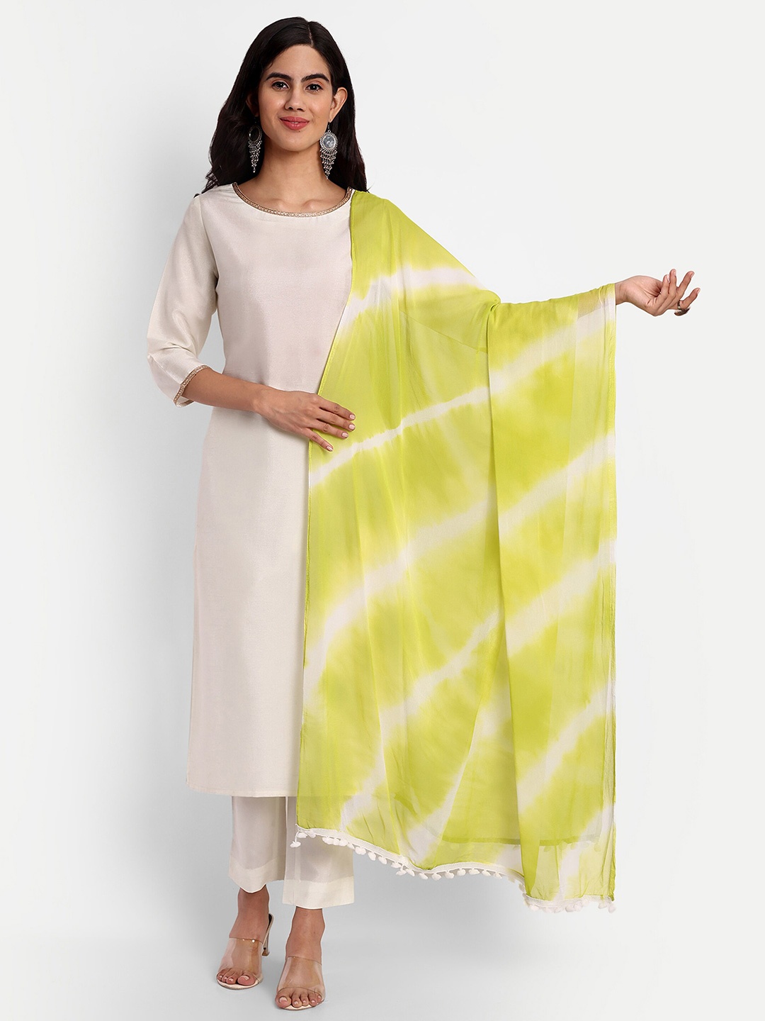 

CANIZZARO Leheriya Printed Chiffon Dupatta, Lime green