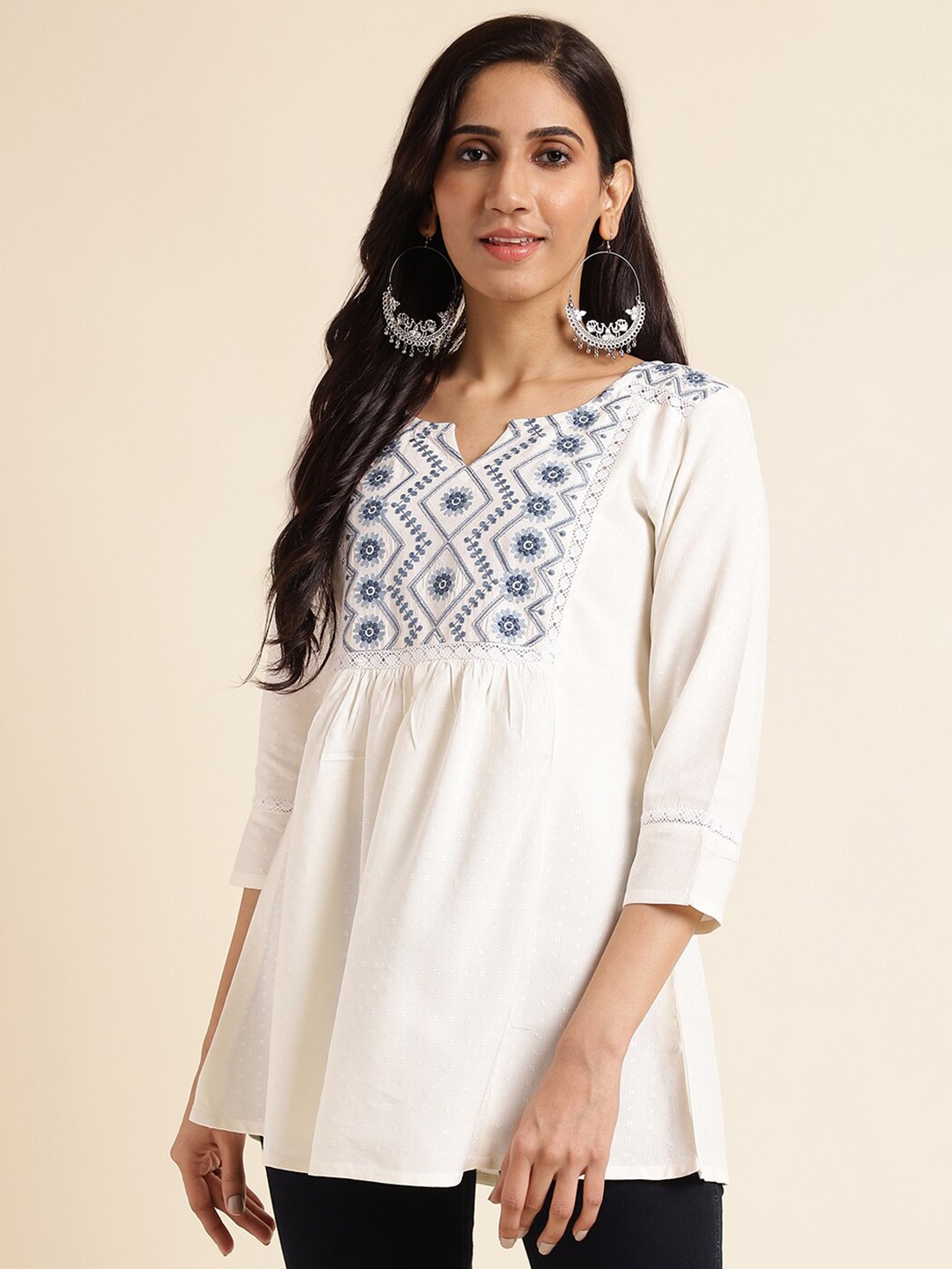 

FABMORA Ethnic Motif Embroidered A-Line Kurti, White