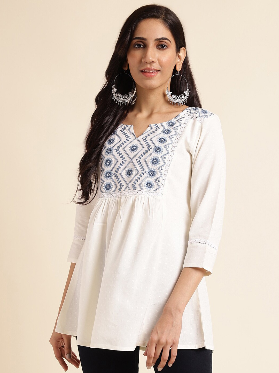 

FABMORA Geometric Embroidered A-Line Top, White