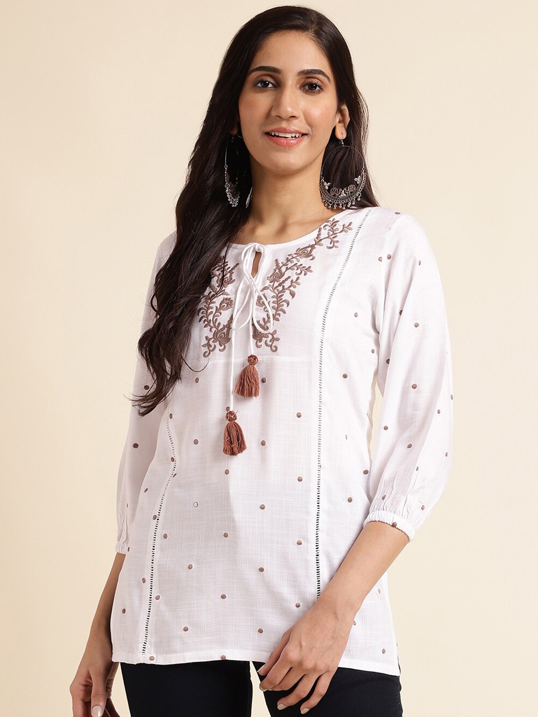 

FABMORA Floral Embroidered Tie-Up Neck A-Line Top, White