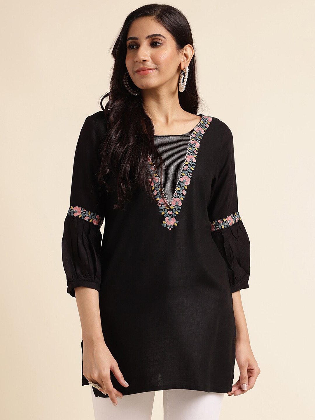 

FABMORA Floral Embroidered Puff Sleeves Longline Top, Black