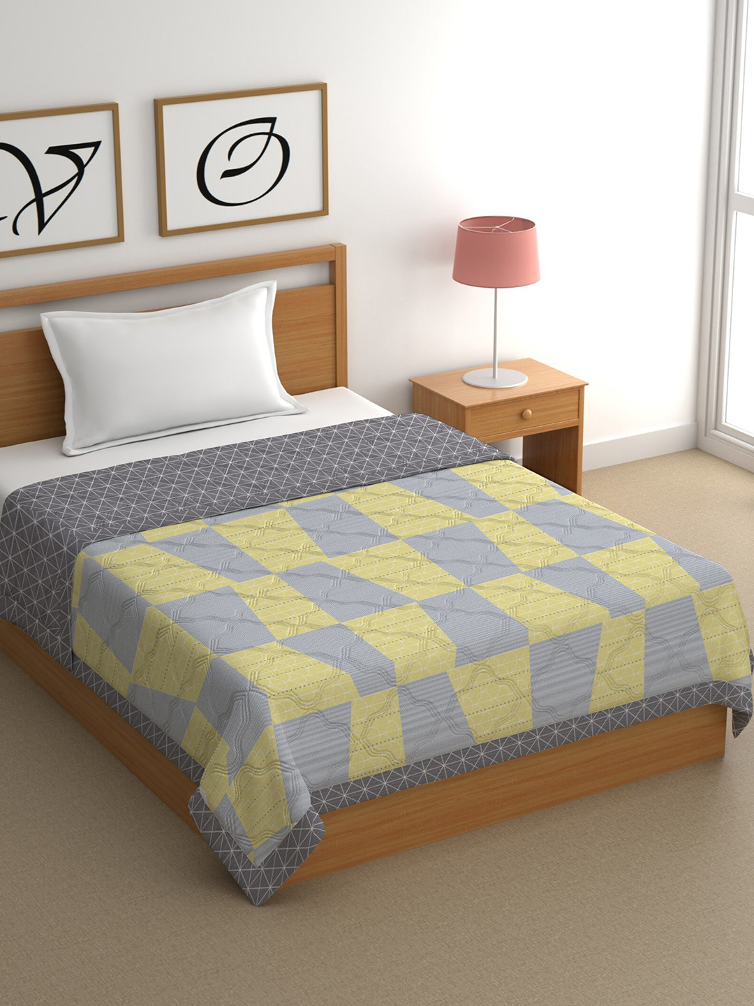 

CHHAVI INDIA Grey & Yellow Geometric Cotton 350 GSM Mild Winter Single Bed Comforter