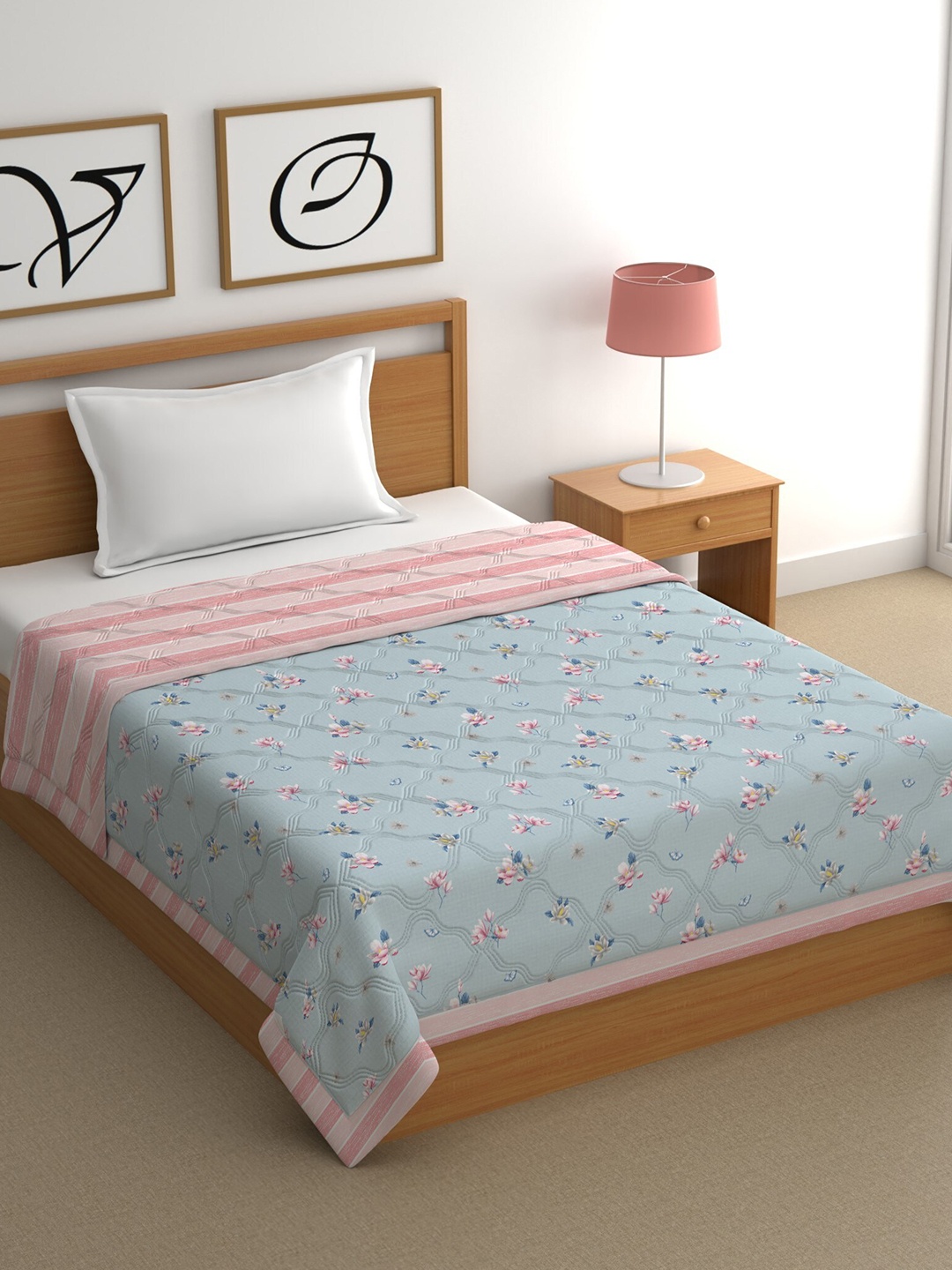

CHHAVI INDIA Blue & Pink Floral Cotton 350 GSM Mild Winter Single Bed Comforter