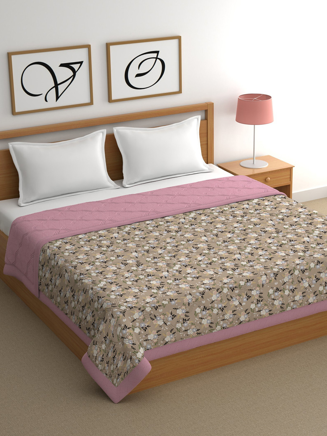 

CHHAVI INDIA Brown & Pink Floral Cotton Mild Winter 350 GSM Double Bed Comforter