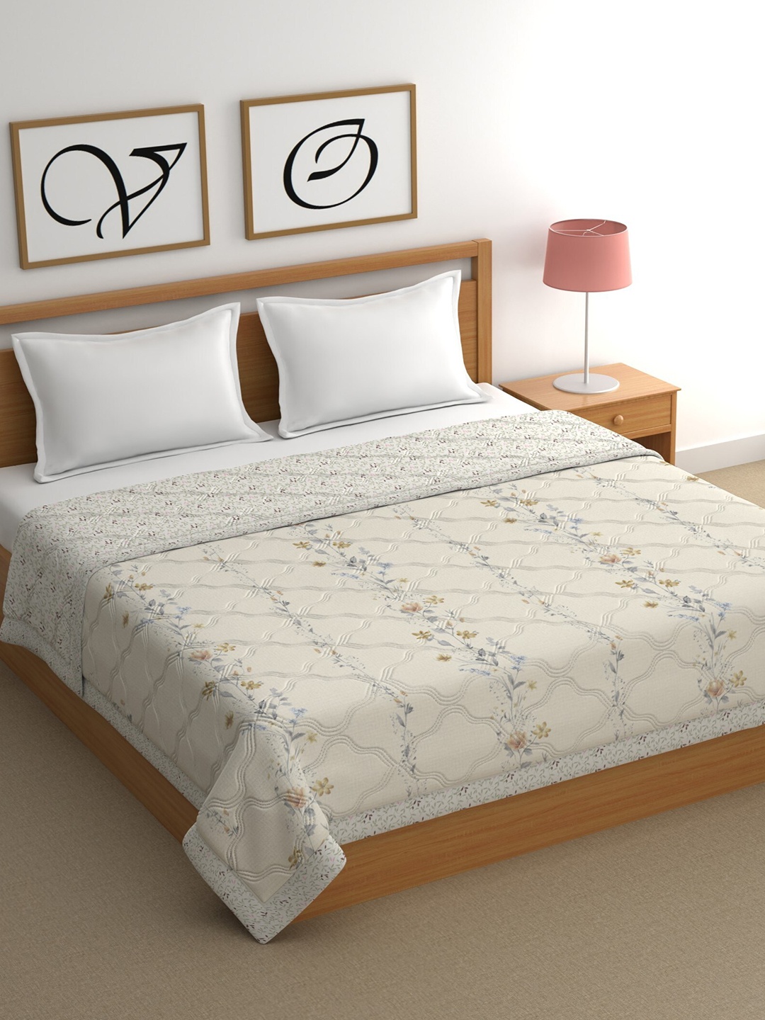 

CHHAVI INDIA Beige & Grey Floral Cotton 350 GSM Mild Winter Double Bed Comforter