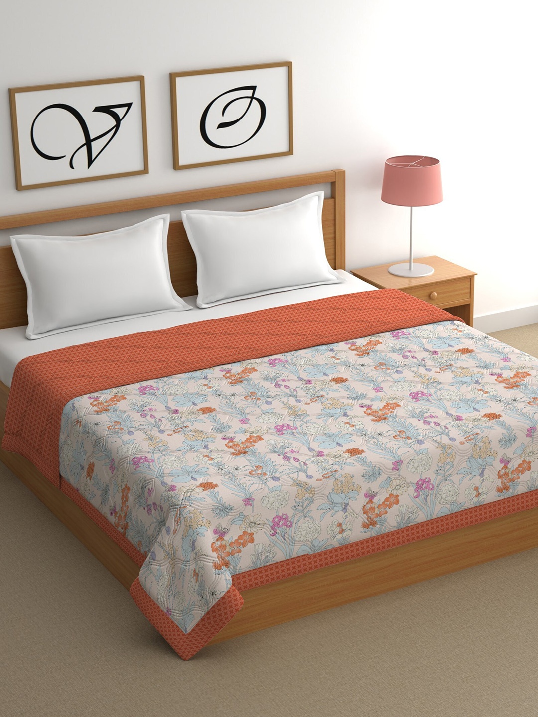 

CHHAVI INDIA Brown & Pink Floral Cotton 350 GSM Mild Winter Double Bed Comforter