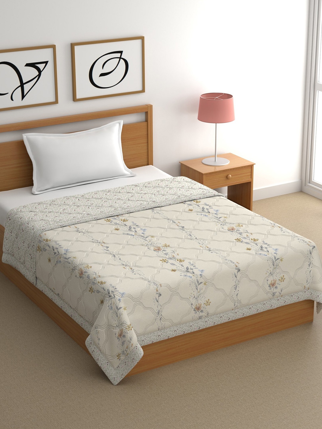 

CHHAVI INDIA Beige & Grey Floral Cotton 350 GSM Mild Winter Single Bed Comforter