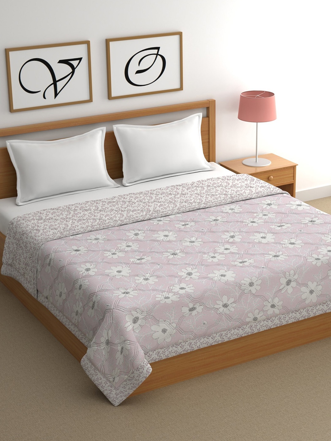 

CHHAVI INDIA Pink & White Floral Cotton 350 GSM Mild Winter Double Bed Comforter