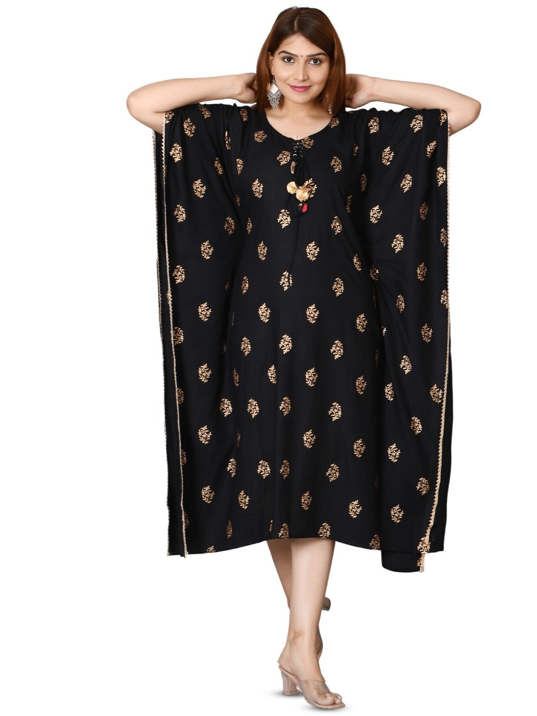 

BAESD Ethnic Motifs Printed Tie-Up Neck Kaftan Ethnic Dresse, Black