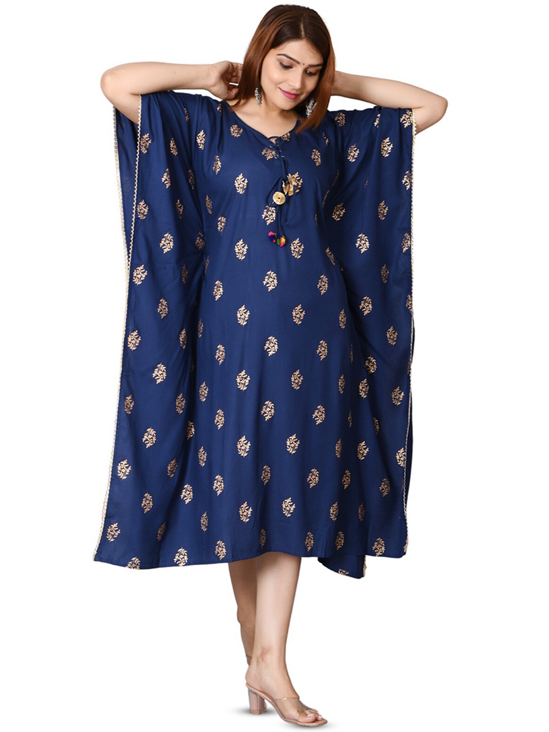 

BAESD Ethnic Motifs Printed Tie-Up Neck Kaftan Ethnic Dresse, Blue