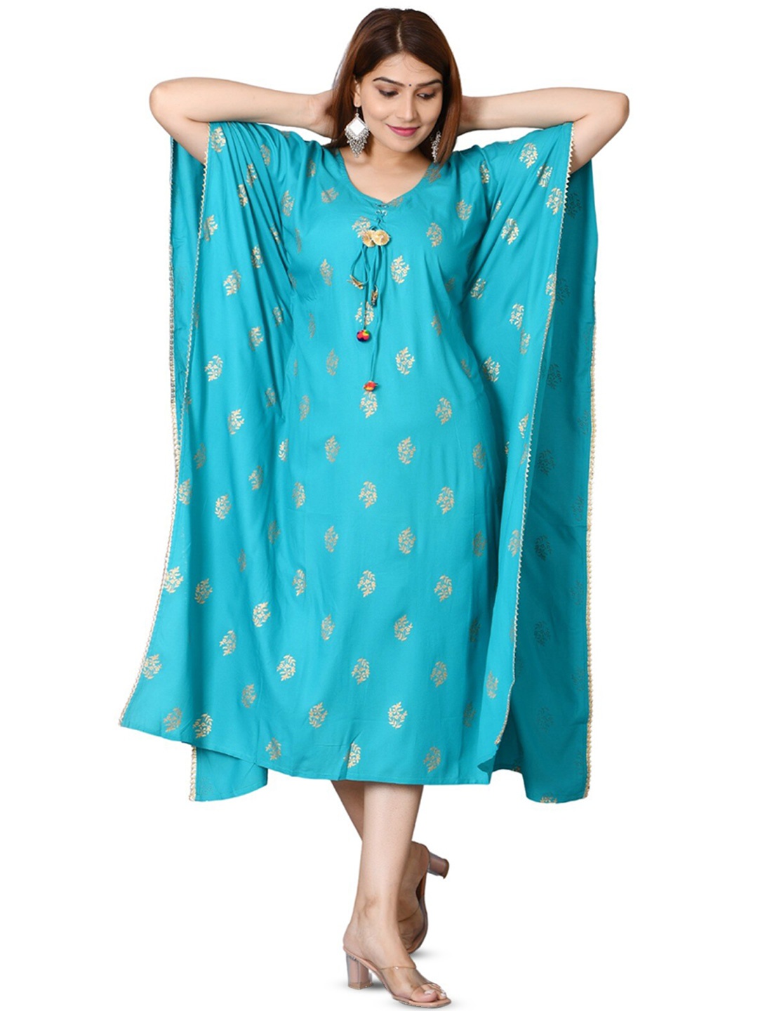 

BAESD Ethnic Motifs Printed Tie-Up Neck Kaftan Ethnic Dresse, Turquoise blue