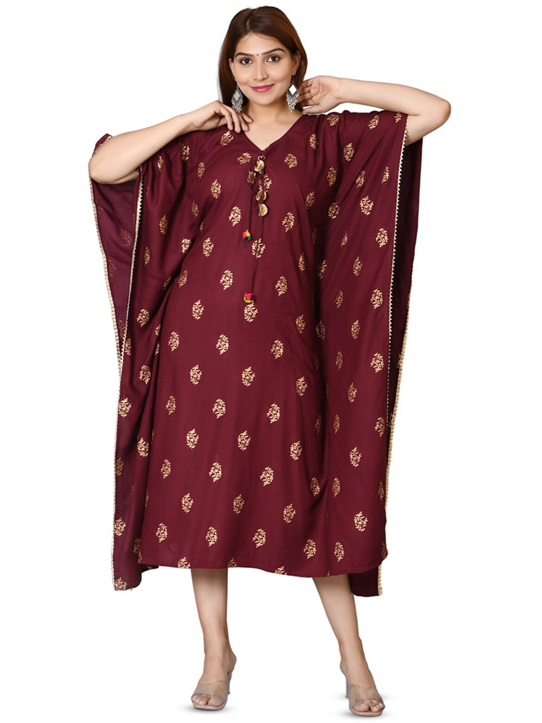 

BAESD Ethnic Motifs Printed Tie-Up Neck Kaftan Ethnic Dresse, Maroon