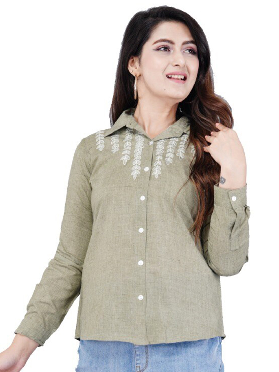 

BAESD Spread Collar Long Sleeves Embroidered Cotton Casual Shirt, Green