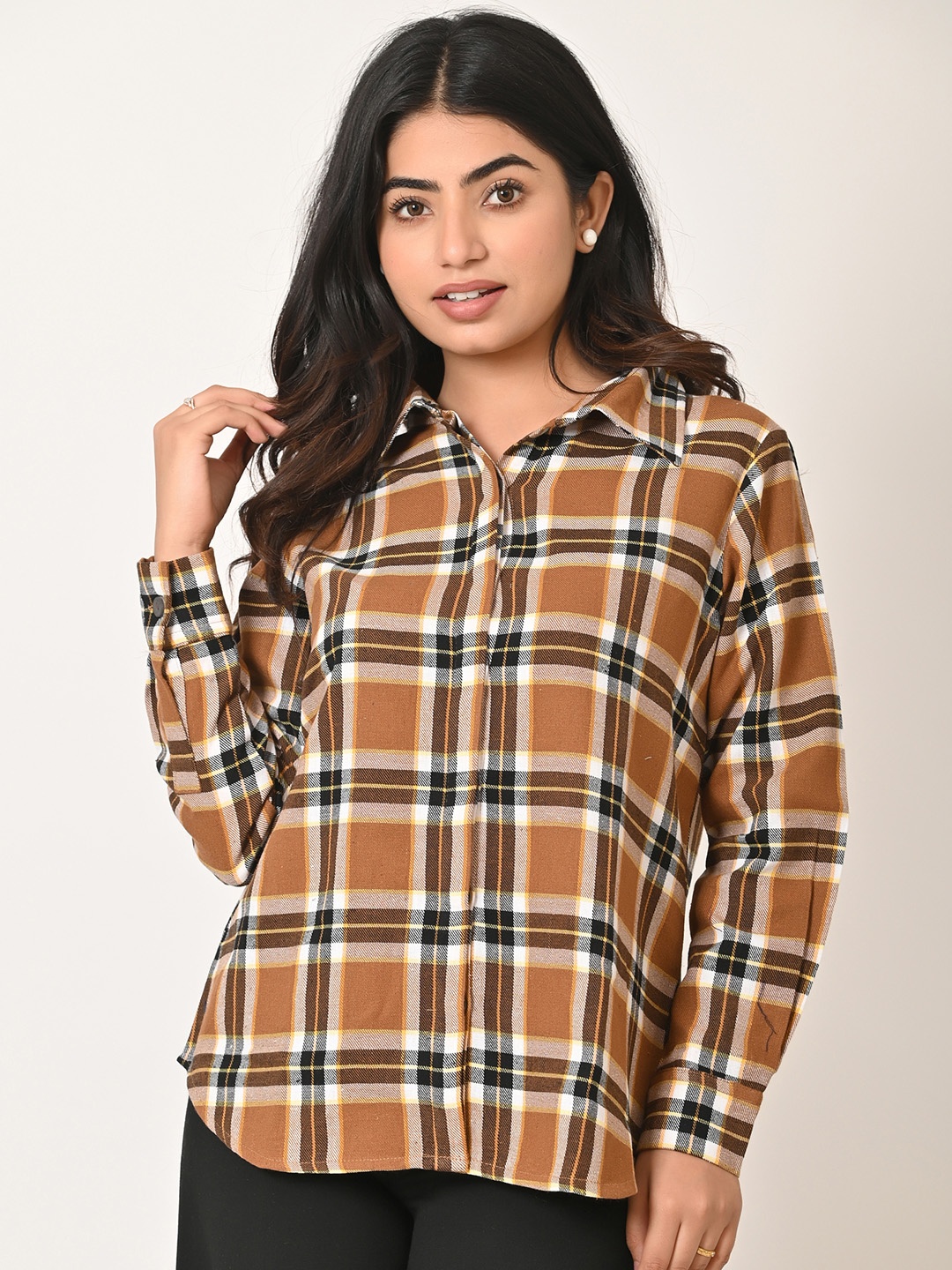 

BAESD Tartan Checks Opaque Spread Collar Full Sleeves Curved Cotton Regular Casual Shirt, Camel brown