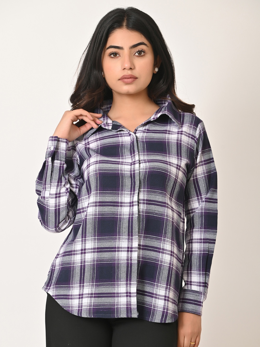 

BAESD Tartan Checks Opaque Spread Collar Full Sleeves Curved Cotton Regular Casual Shirt, Purple