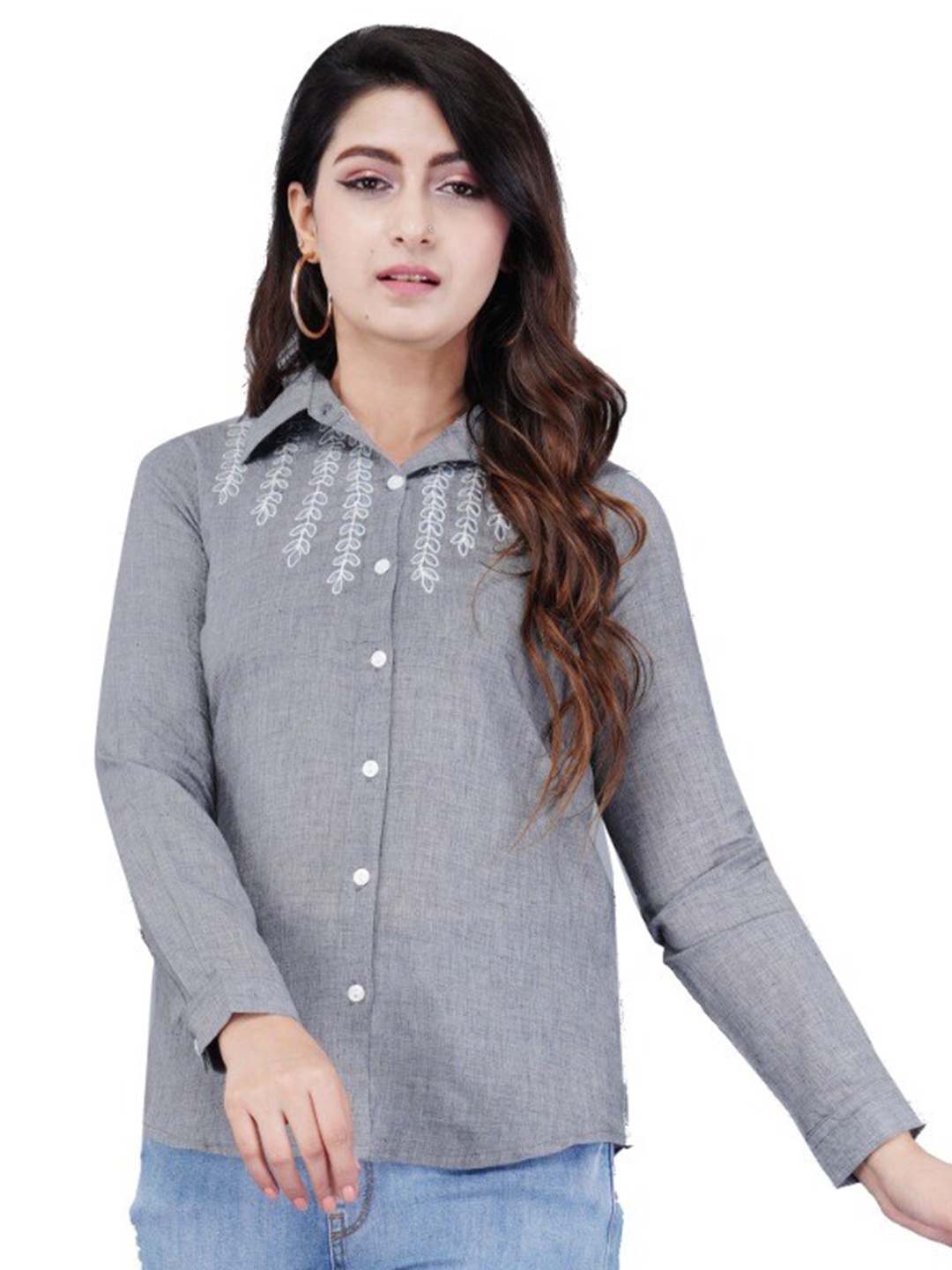 

BAESD Spread Collar Long Sleeves Embroidered Cotton Casual Shirt, Grey