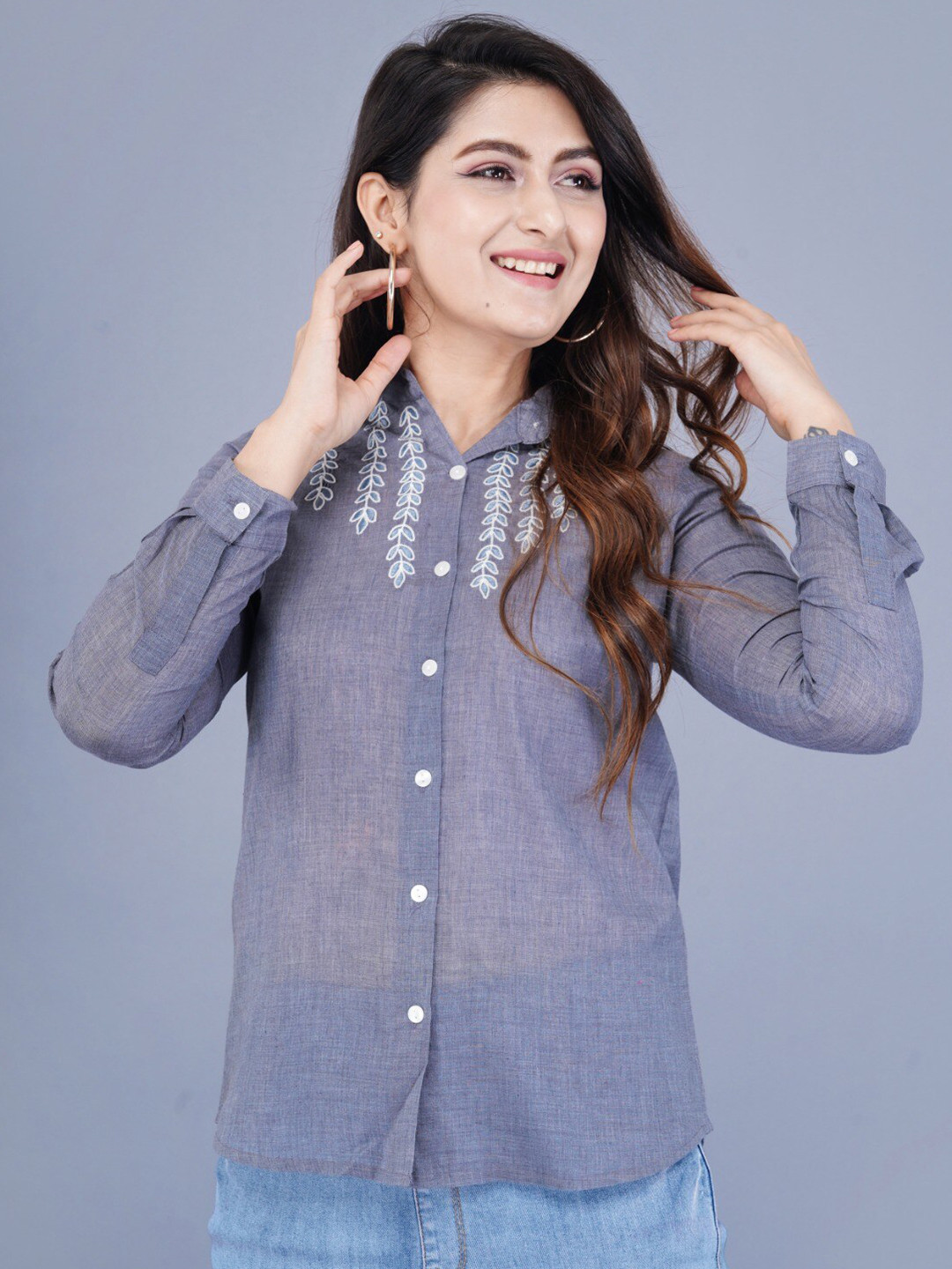 

BAESD Spread Collar Long Sleeves Embroidered Cotton Casual Shirt, Navy blue