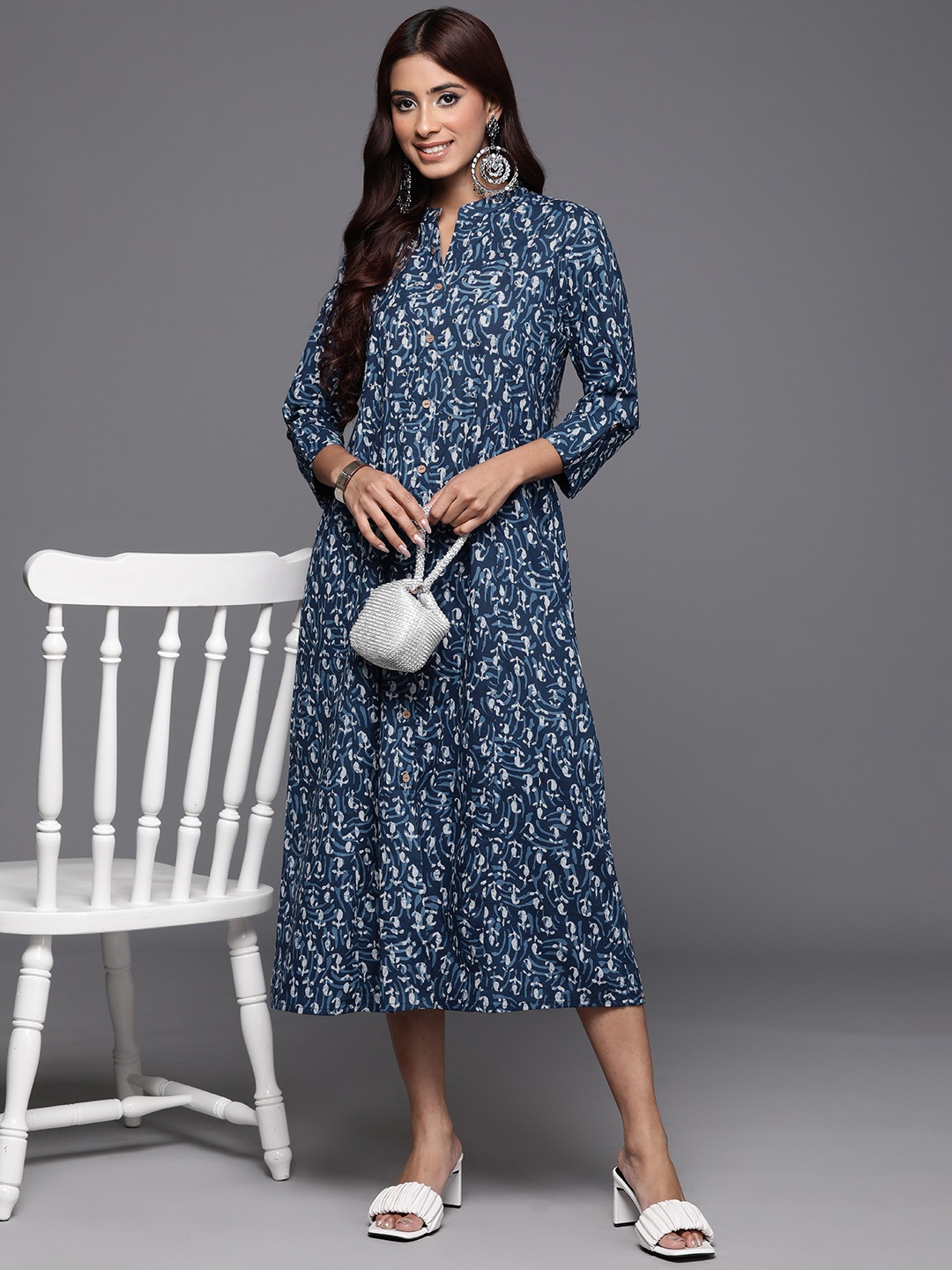 

Varanga Printed Mandarin Collar Roll-Up Sleeves Embellished A-Line Midi Dress, Navy blue