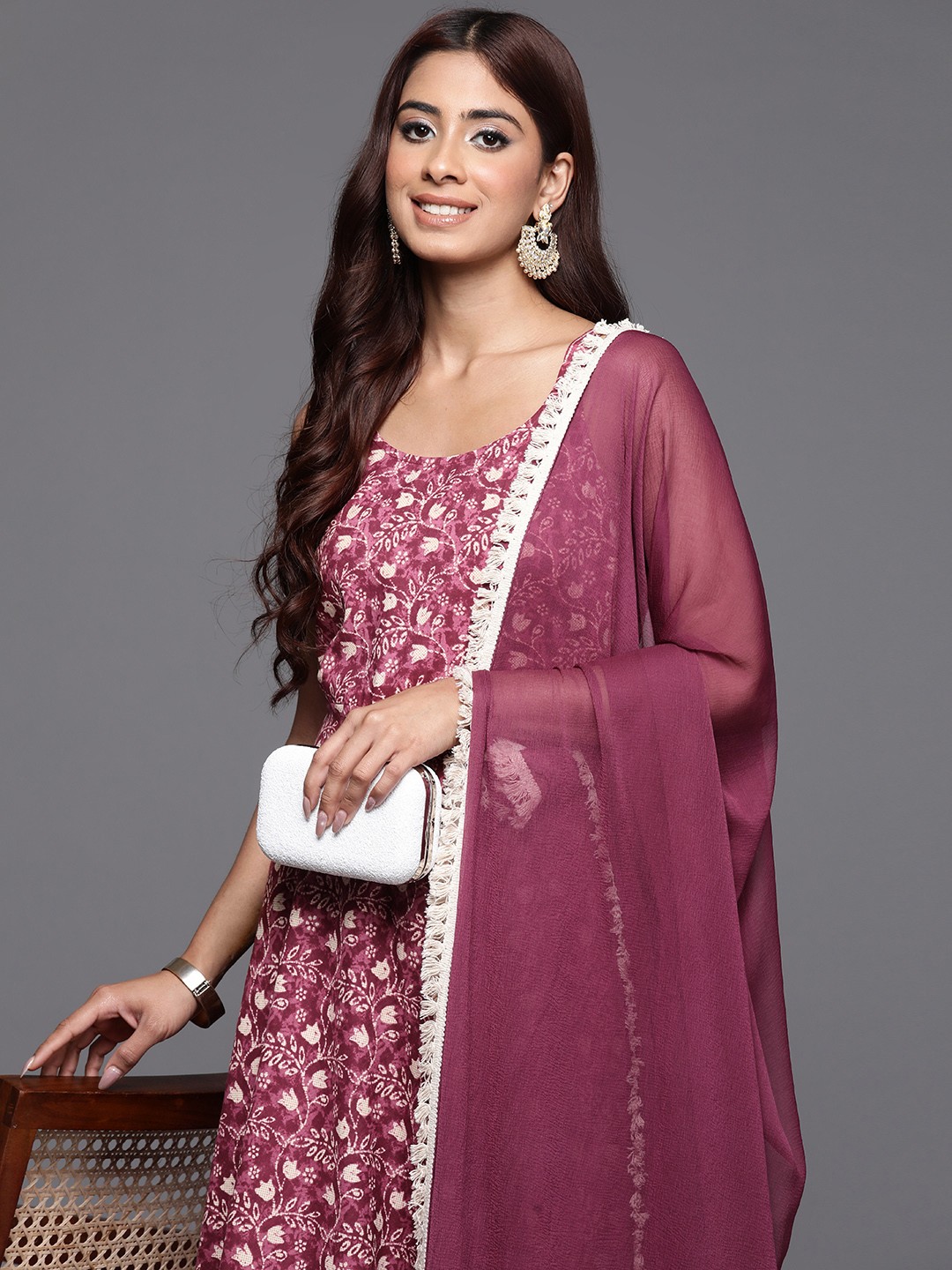 

Varanga Floral Printed Pure Cotton Anarkali Kurta with Trousers & Dupatta, Burgundy