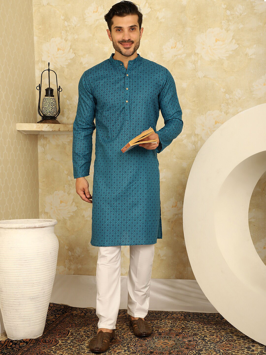 

Jompers Ethnic Motifs Printed Band Collar Straight Kurta With Pyjama, Blue