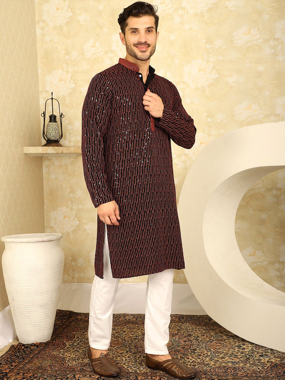 

Jompers Ethnic Motifs Embroidered Mandarin Collar Chikankari Straight Kurta With Pyjama, Black