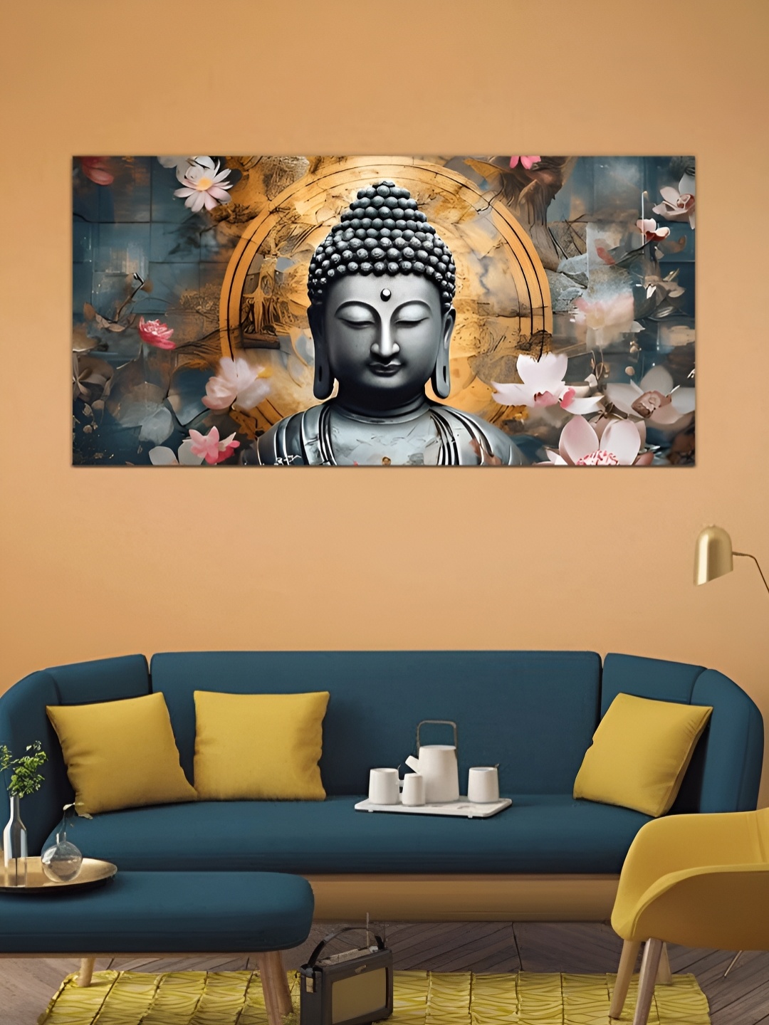 

MITHILA Handicrafts Gold Toned & Navy Blue Lord Buddha Canvas Paintings Wall Art