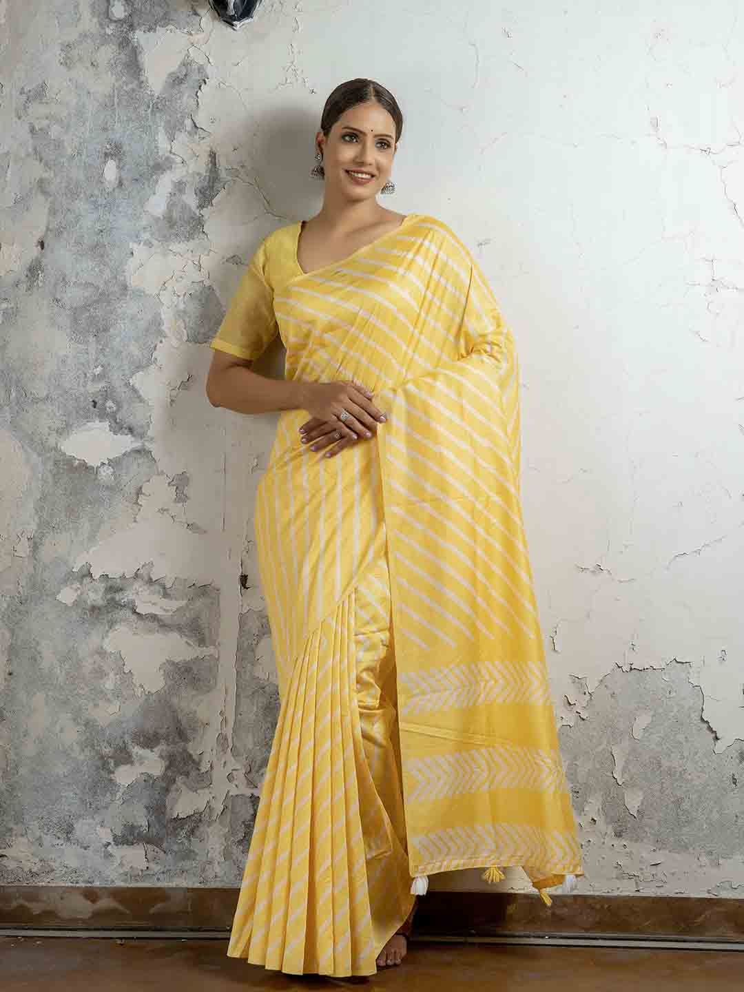

Stylefables Striped Pure Cotton Saree, Yellow