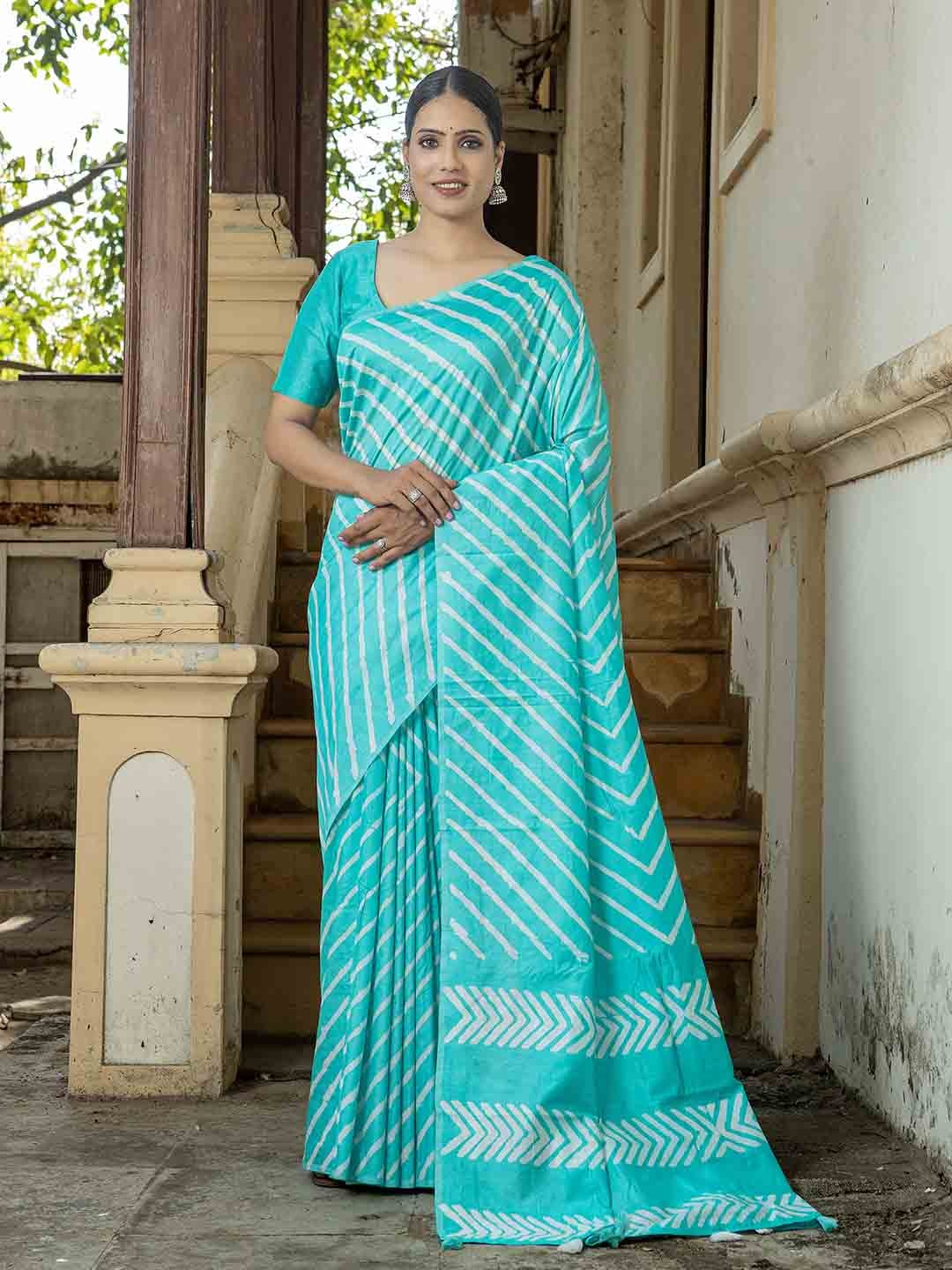 

Stylefables Leheriya Printed Pure Cotton Saree, Turquoise blue