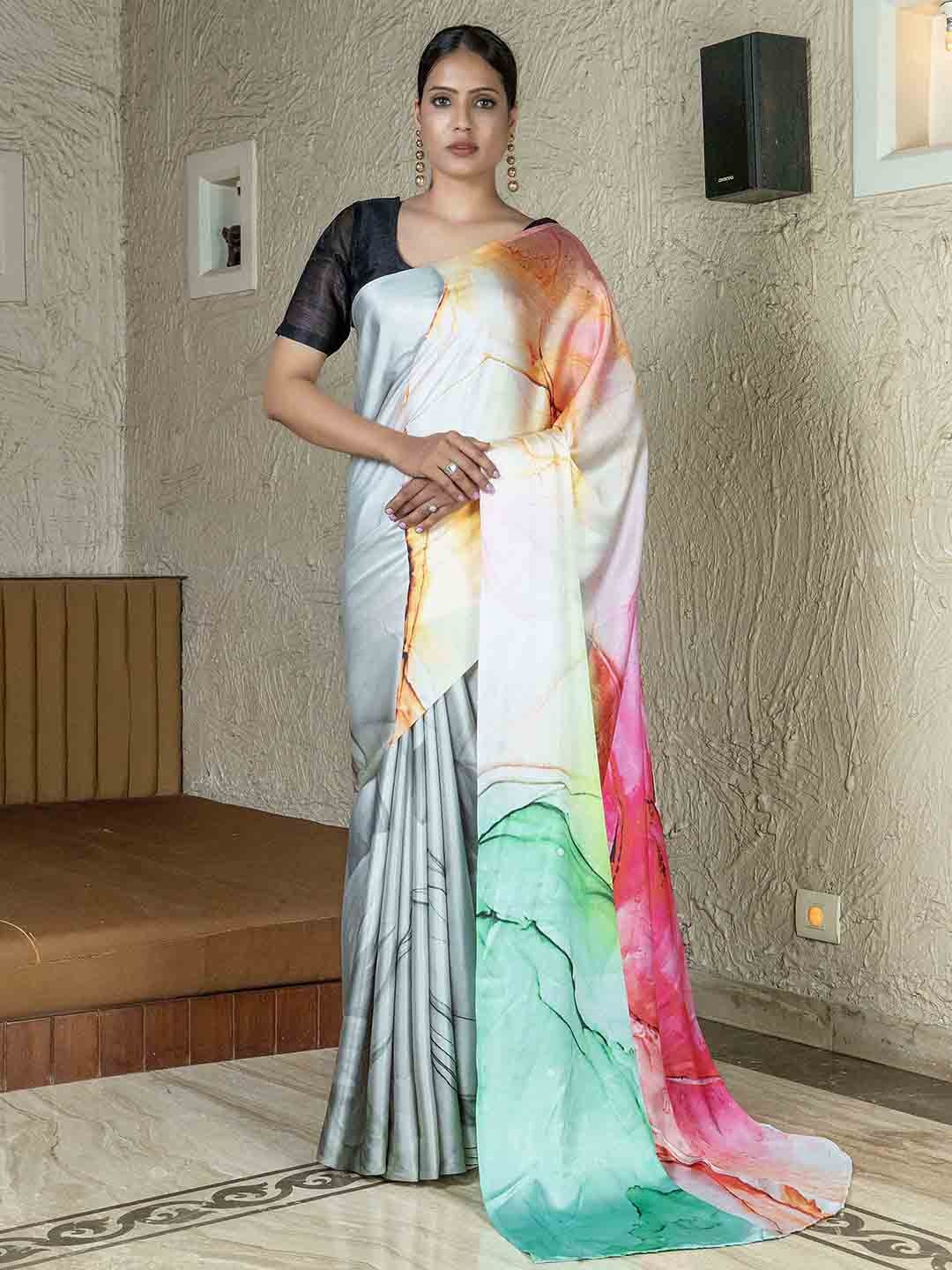 

Stylefables Abstract Printed Satin Saree, White