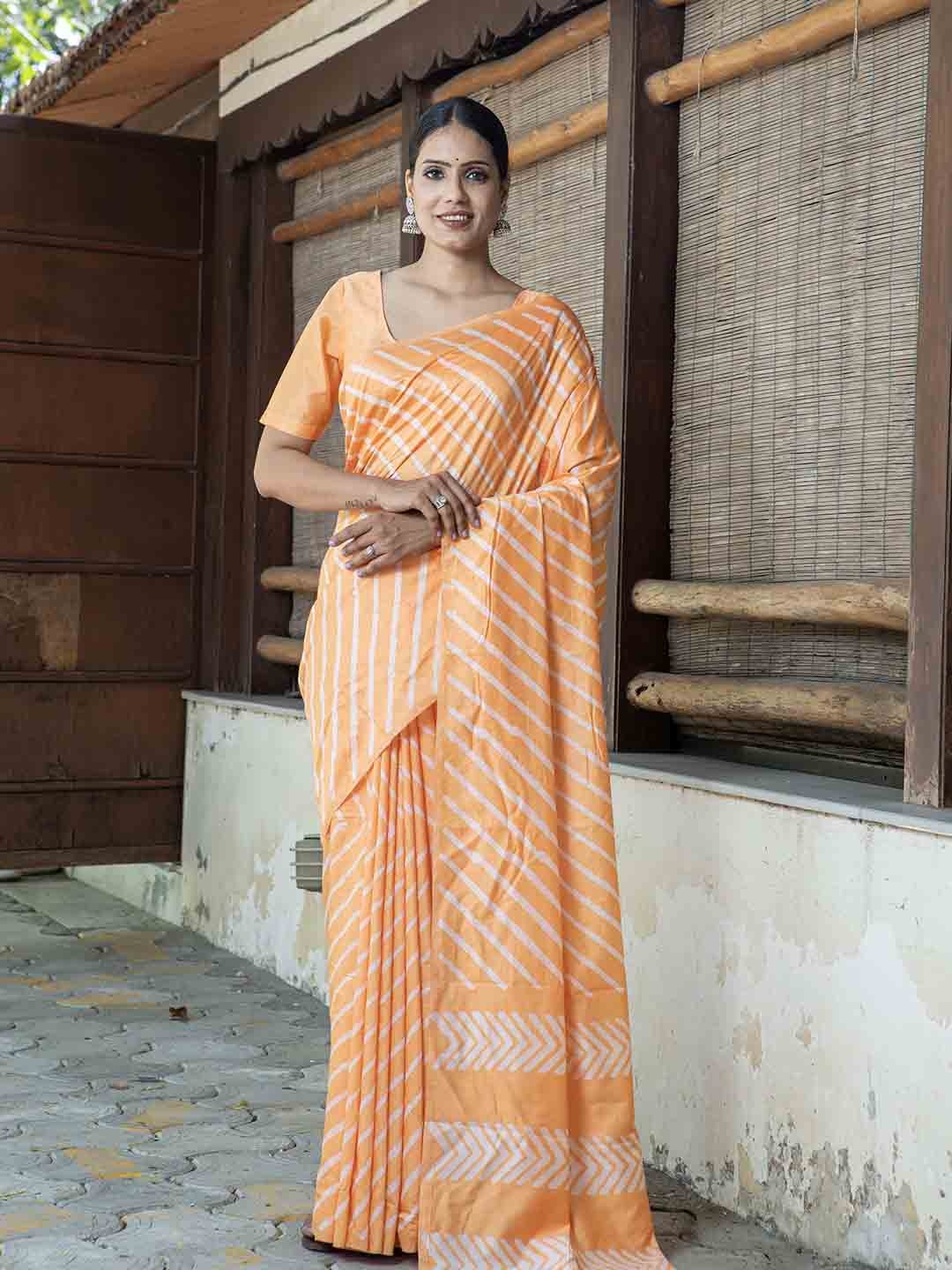 

Stylefables Striped Pure Cotton Saree, Orange