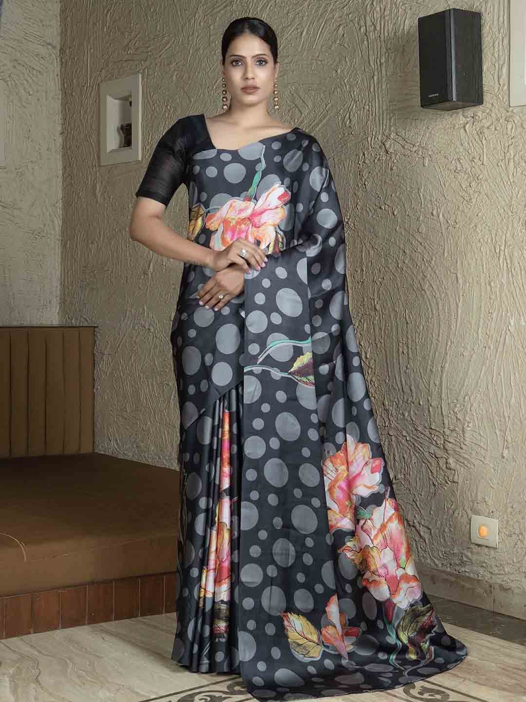 

Stylefables Geometric Printed Satin Saree, Black