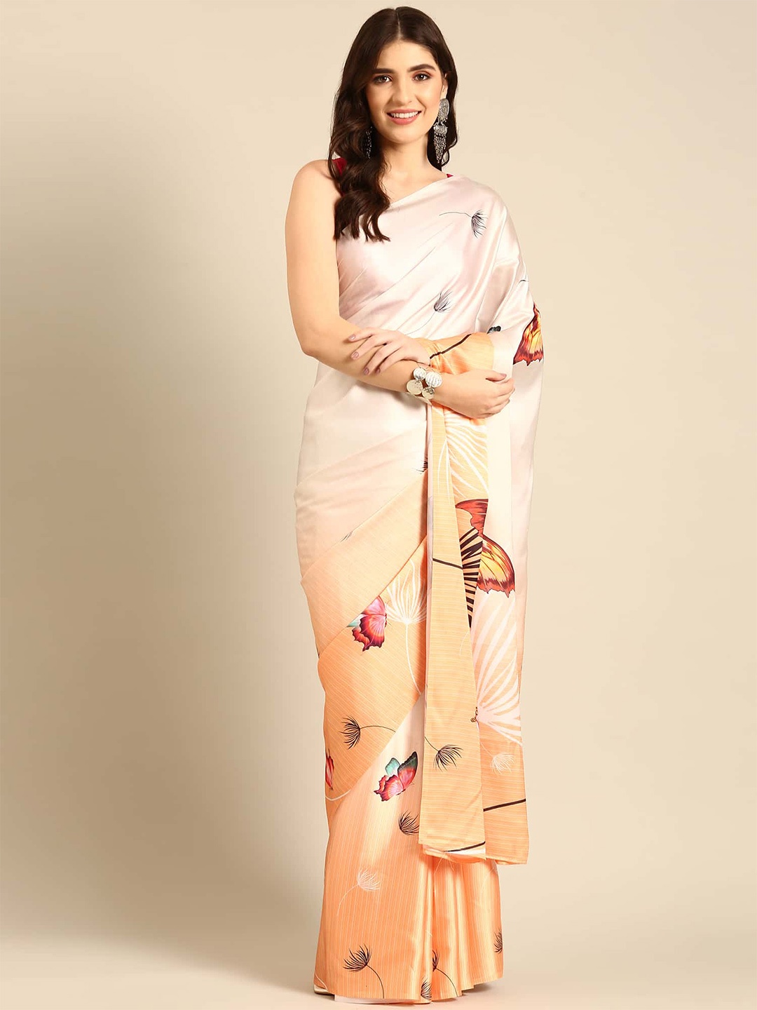 

Stylefables Dainty Drapes Conversational Printed Satin Saree, Peach