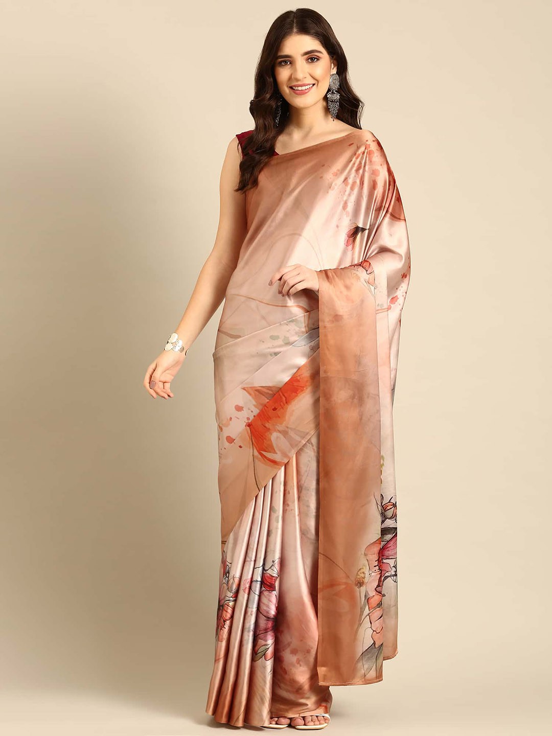 

Stylefables Floral Printed Satin Saree, Beige