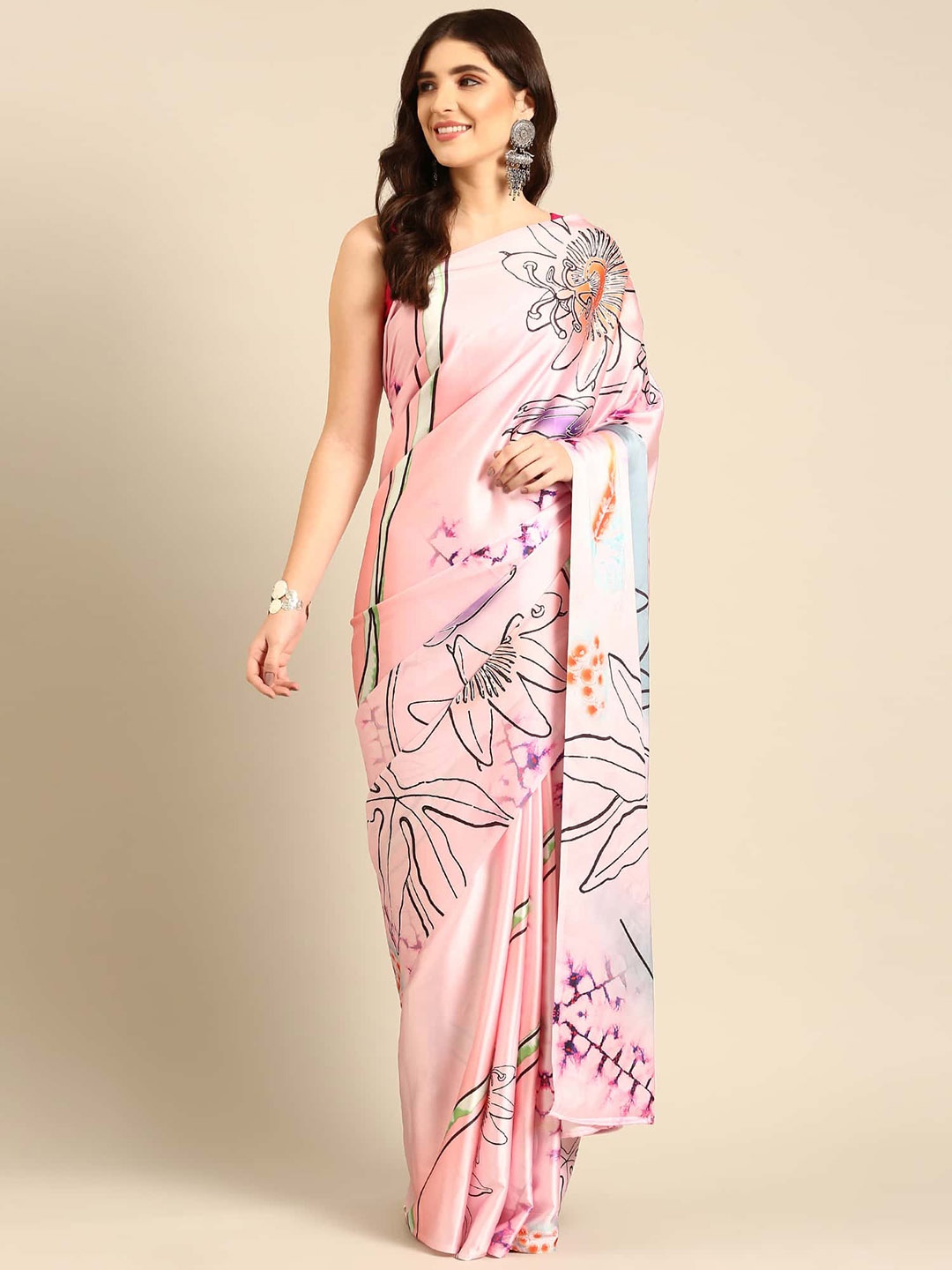 

Stylefables Floral Printed Satin Saree, Pink