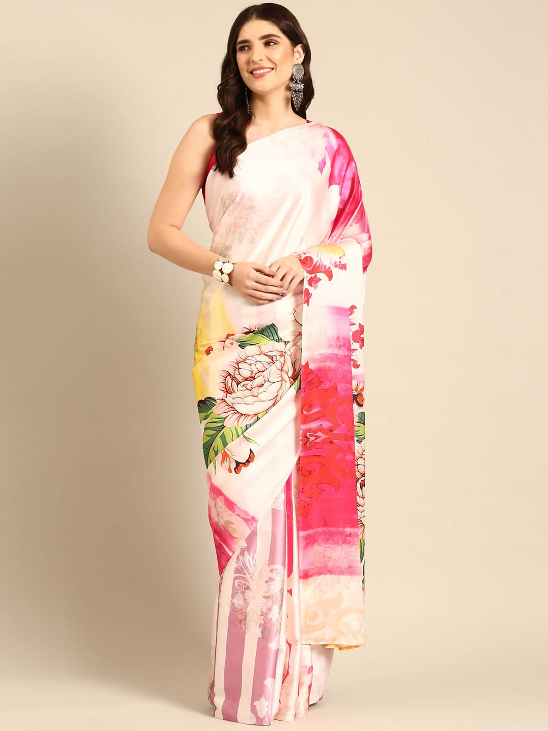 

Stylefables Floral Printed Satin Saree, Red