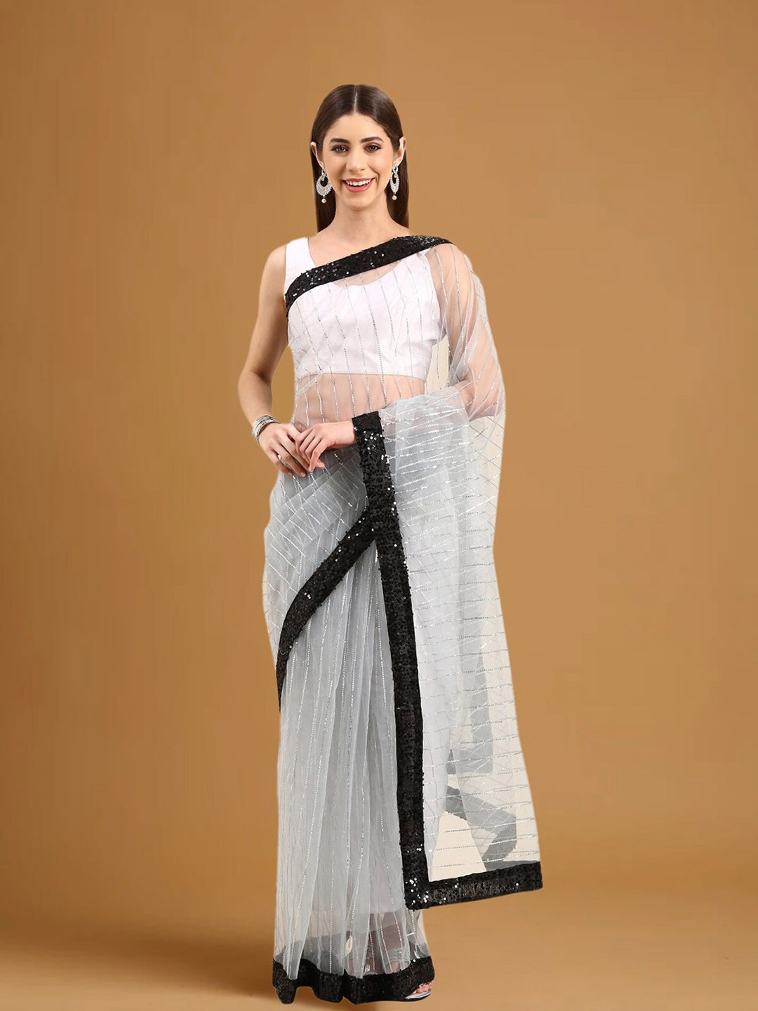 

Stylefables Embellished Sequinned Net Saree, Grey