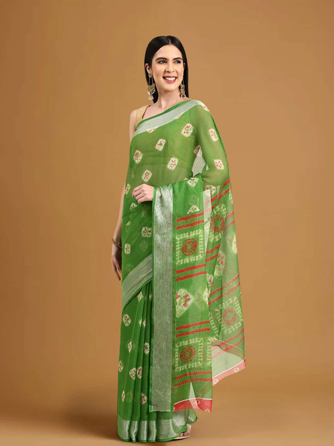 

Stylefables Bandhani Printed Zari Saree, Green